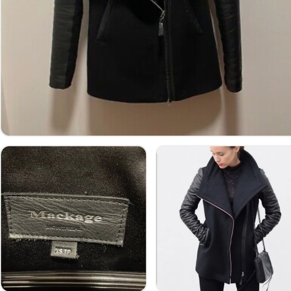 Mackage Odilia Black Wool & leather moto Jacket w/ removable hood XS EUC - Picture 8 of 16